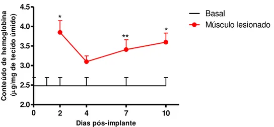 Figura 5.  Cinética do conteúdo de hemoglobina na musculatura abdominal esquelética de camundongos  adjacente  a  implantes  de  esponja  e  musculatura  abdominal  esquelética  de  camundongos  não  implantados  (basal)