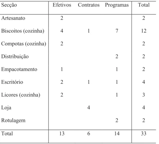 Tabela 1. Distribuição dos colaboradores por secção e tipo de contrato  Secção  Efetivos  Contratos  Programas  Total 