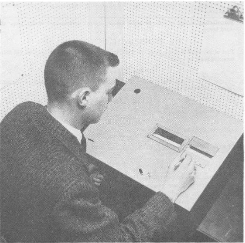Figura 3: Estudante diante de uma máquina de ensinar de Skinner. Imagem reproduzida  de Skinner B