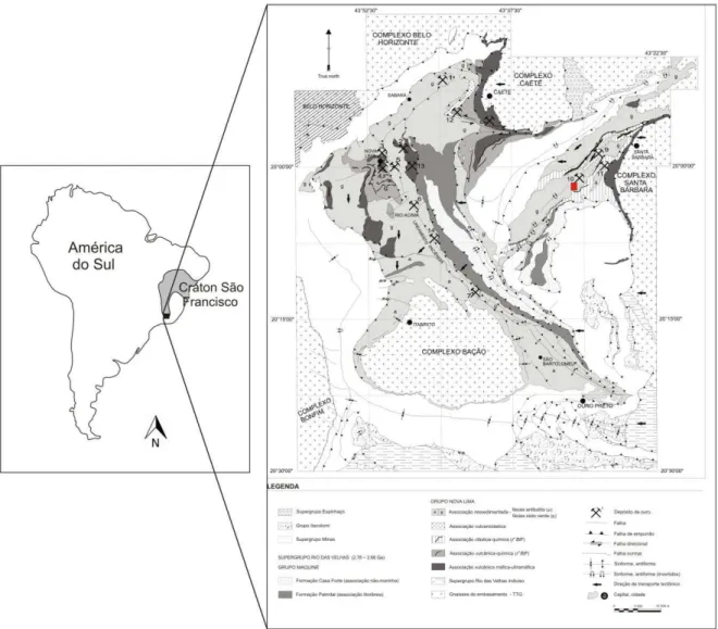 Figura 1  – Mapa geológico simplificado do Quadrilátero Ferrífero com as principais associações  de  litofácies,  do  greenstone  belt  Rio  das  Velhas,  e  localização  dos  principais  depósitos  auríferos  (Zucchetti et al
