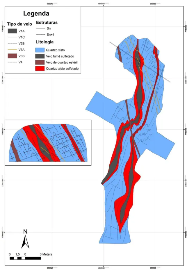 Figura 8  – Mapa geológico de subsuperfície do depósito Cachorro Bravo no nível 643, corpo 306  com os diversos sistemas de veios, V1 a V4, suas relações e geometria