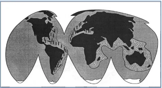 Figura 2: Mapa mostrando a distribuição geográfica de peixes-escorpião.  (/)  Scorpaena e ( ●) Gymnapistes, Ablabys, Hypodytes, Pterois, Inimicus e Synanceia (GWEE 