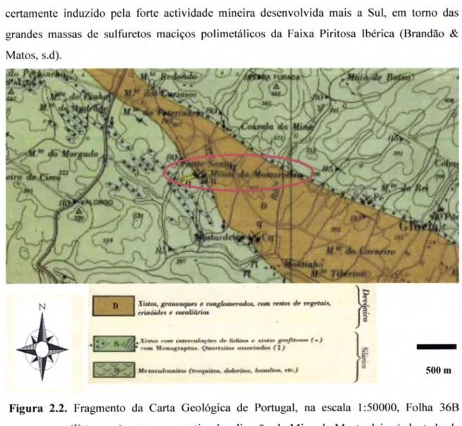 Figura 2.2.  Fragmento  da  Carta  Geológica  de  Portugal,  na  escala  l:50000,  Folha  368 (Estremoz),  com a respectiva  localização  da  Mina  da Mostardeira (adaptado  de Gonçalves,  1972).