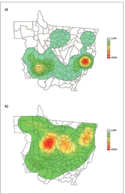 Figure 2 -  Choropleths maps for density of rate of admissions due to pneumonia  (a) and for ires (b), Mato Grosso, Brazil, 2008-2009