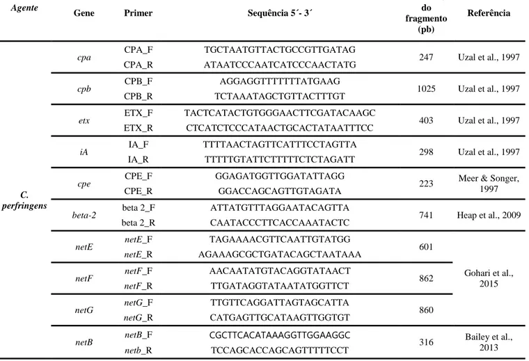 Tabela 5: Lista de primers de C. perfringens utilizados nas PCRs, suas respectivas denominações, sequência, tamanho  do segmento em pares de base (pb) e referências bibliográficas