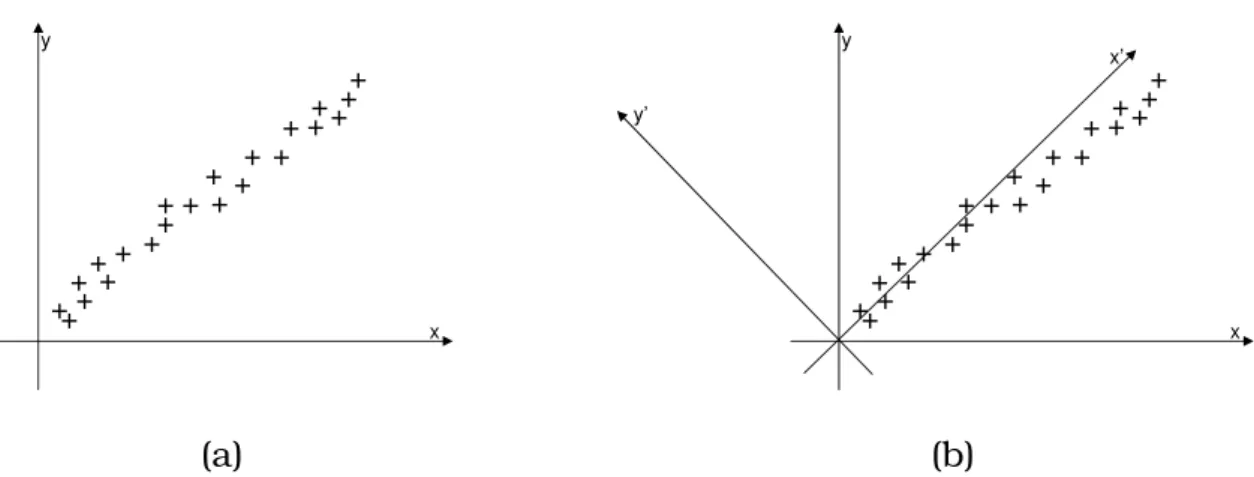 Figura 3.4: Exemplificação do funcionamento do PCA. Em (a) é mostrado o sistema de coordenadas original e em (b) o novo sistema de coordenadas após a aplicação do PCA.