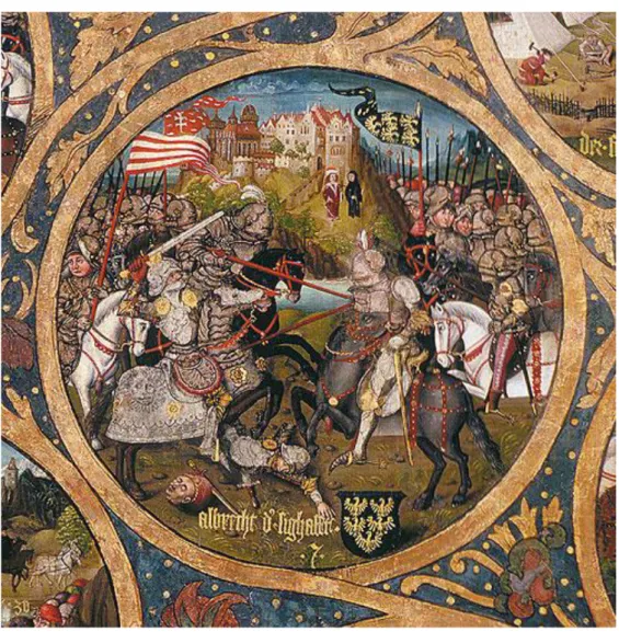 Figura 12 Árvore da família Babenberg. Hans Part, 1492. Klosterneuburg, Áustria. Detalhe:  Adalberto na batalha contra os húngaros, com Melk ao fundo