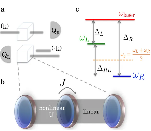 Figure 2.1: Nonlinear-linear resonators junction (a) Pictorial representation of a right- right-rectifying “black box” being pumped from left to right and then from right to left, with the transmission being signiﬁcantly higher to the right