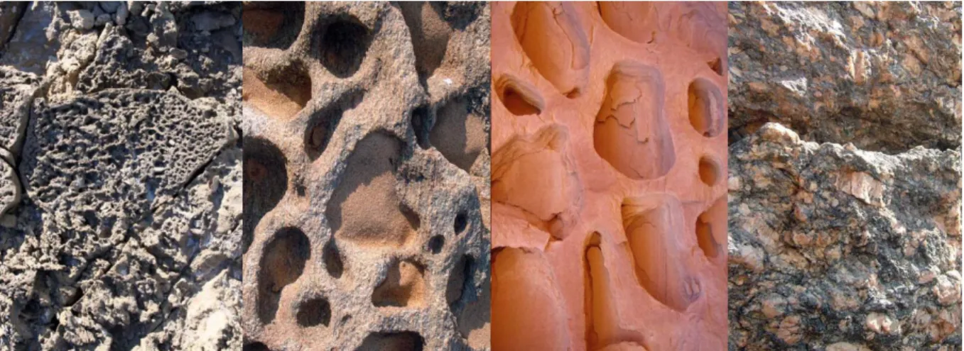 Figura 3.15 – Exemplos de texturas criadas por desintegração granular de rochas compostas por diferentes  minerais