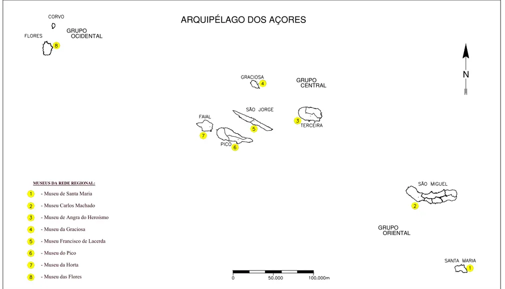 Figura 2 – Distribuição Geográfica dos Museus Afectos à Rede Regional de Museus dos Açores (Base cartográfica: Direcção de Serviços de Cartografia e Informação  Geográfica – SRCTE: 2009)