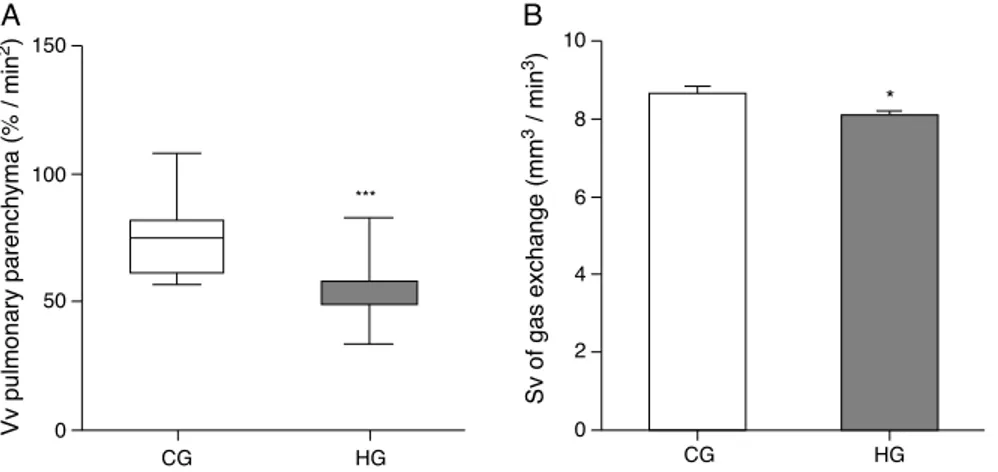 Figure 2 Volume density (V v ) and surface density (S v ) in the pulmonary parenchyma in neonatal mice exposed to ambient air and hyperoxia for 24 h.