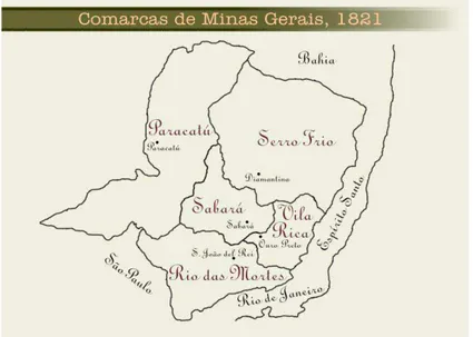 FIGURA 01- Mapa das comarcas em Minas Gerais, 1821.  Fonte: UFSJ, 2011. 