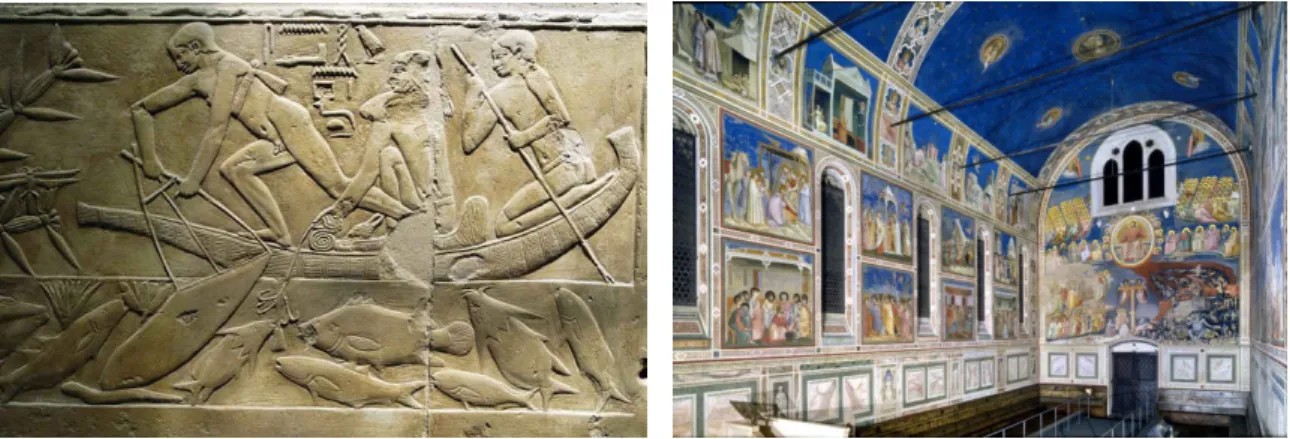 Figure 1.1: Examples of how our ancestors used images to tell stories. On the left, carvings of acient Egyptians fishing, present in the tomb of Kagemni, a vizier of ancient Egypt.