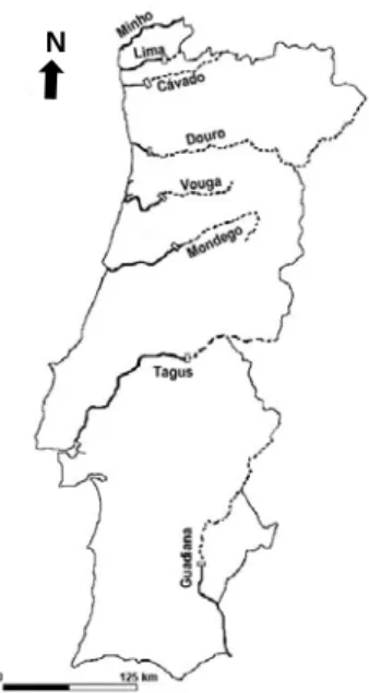 Figure 3 – Geographical distribution of P. marinus in the main Portuguese rivers; bold line: 