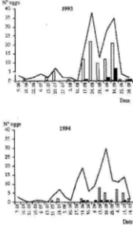 Fig. 2 - Number of  A.  gamma  eggs weekly collected (-) and their parasitism by  Telenomus  sp