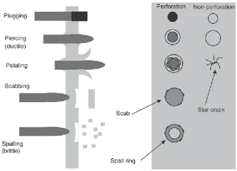 Figura 3.4 – Modos de falha das estruturas de painéis de proteção balística. 