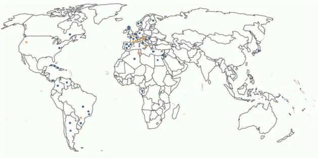Figura 2: Países de origem da publicação de 47 estudos realizados entre 1966 e 2014 sobre triagem  da  toxoplasmose  nas  gestantes
