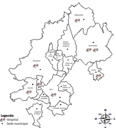 Figura 2.  M apa dos municípios da Região de Saúde de Diamant ina, localização dos hospit ais