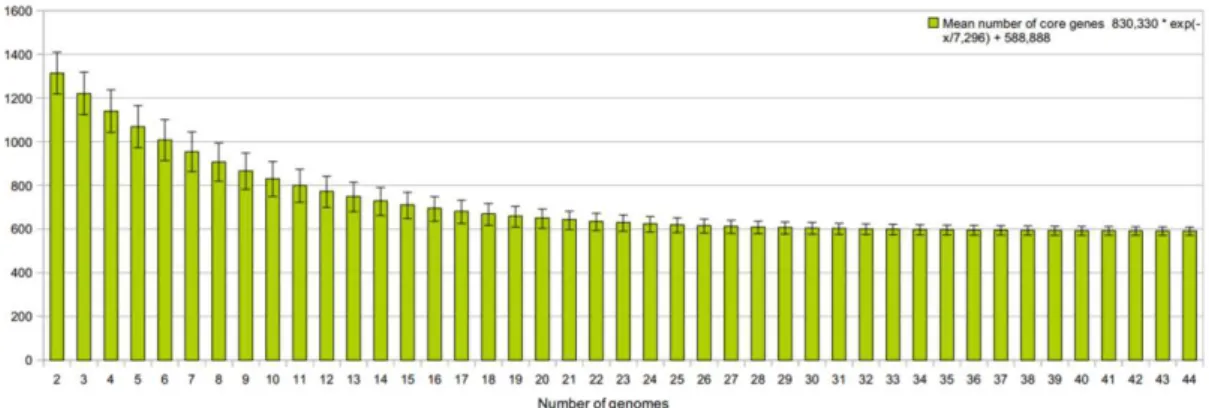Fig. 3: Core genome development of the Corynebacterium genus. The core genome extrapolation 