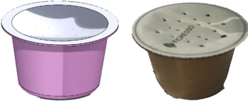 Figure 4.3 – Model of the coffee capsule and flexible membrane assembled in Solidworks (left) and the real life  commercial version (right)