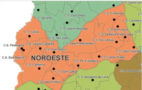 Figura 2- Centros de Saúde da região administrativa Noroeste  – Belo Horizonte.  Fonte: BELO HORIZONTE, 2011