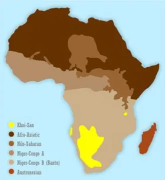 Figura 1 – Localização das línguas khoisan na África austral  Fonte: Cf. 
