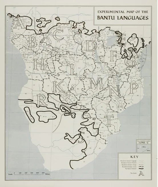 Figura 4 – Mapa experimental das línguas bantu  Fonte: http://ufdc.ufl.edu/UF00072644/00002 (acedido a 12 de Fevereiro de 2014)                                                             