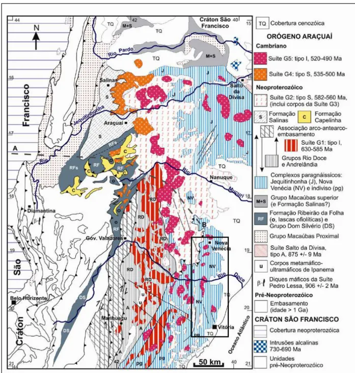 Figura 3.2. Mapa geológico do Orógeno Araçuaí (Pedrosa-Soares et al. 2007). Área de estudo delimitada em vermelho