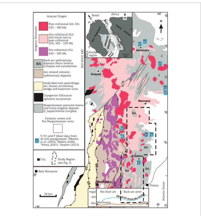 Figure 1. Geological map highlighting the main components of the Araçuaí orogen, and its paleotectonic setting  (modified from Pedrosa-Soares et al