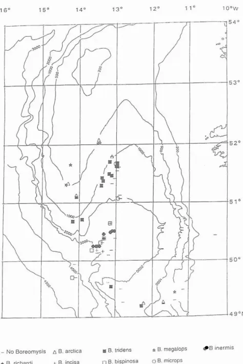 Fig.  3 Summary  of the horizontal  and bathymetric distribution  of  eight  species of  the genus  Boreornysis  sampled  during  SEN  hauls