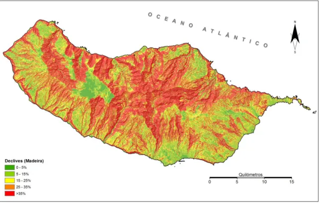 Figura 11 Cartograma representativo das classes de declive da ilha da Madeira 