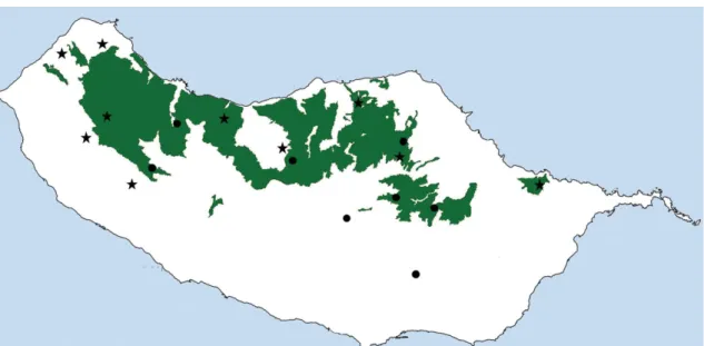 Fig. 1.  Distribution of Drosophila madeirensis in Madeira Island. Circles represent previously known locations  from Monclús (1984) and stars are new locations from the present study