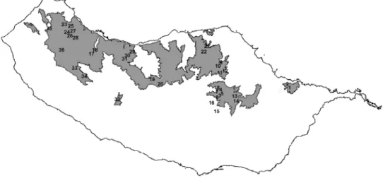 Fig. 1. Spatial distribution of the sampling sites in Madeira Island. Laurisilva cover is marked in grey