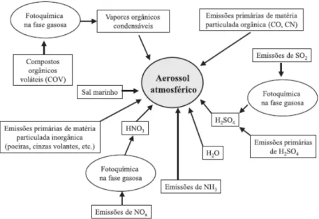 Figura 4 - Representação esquemática dos mecanismos de formação das partículas de aerossóis (Adaptado de Alves,  2005)