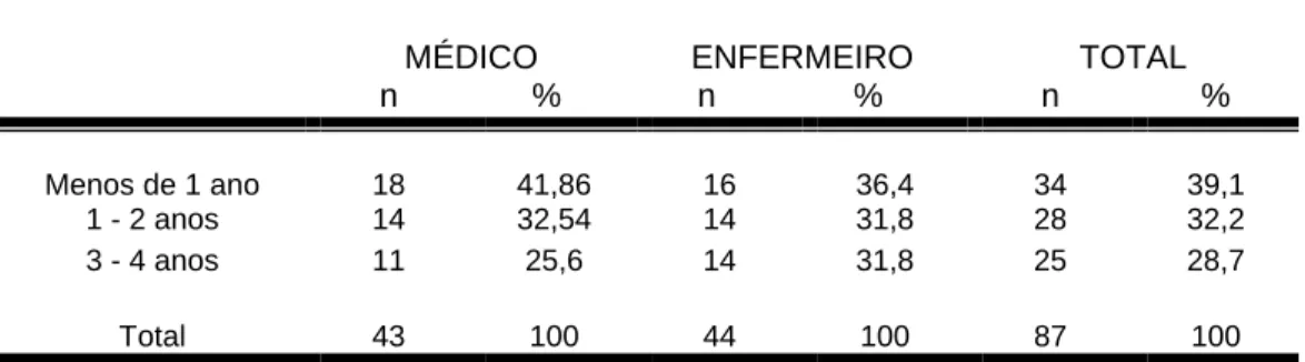 TABELA 5 :  Médicos e enfermeiros no Programa de Saúde da Família por  tempo de atuação profissional - Teresina (PI), 2001 