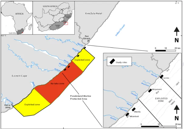 Figure 1. Map of the Pondoland  MPA showing offshore zonation. Red  shading represents the restricted  no-take zone for all vessel-based  exploitation