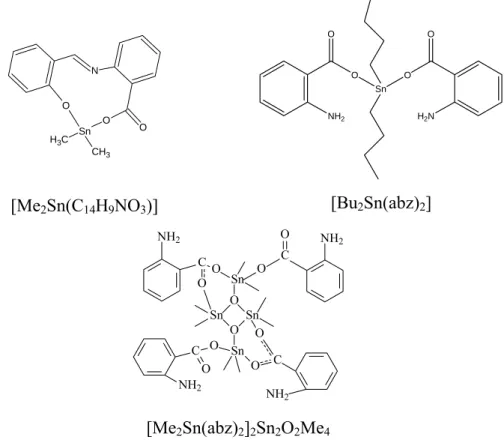 Figura 3.1 – Fórmulas estruturais dos compostos diorganoestânicos derivados do ácido  aminobenzóico  NH 2 OO Sn RRR