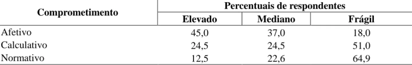 Tabela  2  –  Percentuais  de  respondentes  da  amostra  total,  segundo  níveis  das  dimensões  de  comprometimento