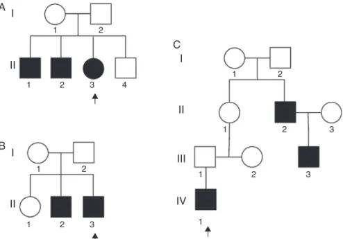 Figure 2 Pedigrees of the three familial cases (A---C) with the same type of Arthrogryposis multiplex congenital