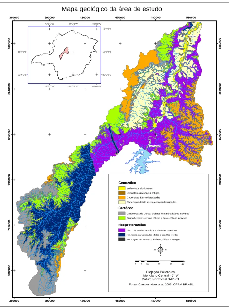Figura 6 – Mapa geológico. Distribuição espacial das formações geológicas e coberturas descritas  para a área de estudo