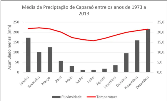 FIGURA 2: Gráfico de pluviosidade e temperatura média para a região do município de Caparaó  entre os anos de 1973 a 2013