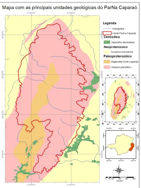FIGURA 10: Mapa geológico da região da Serra do Caparaó com áreas vizinhas. Fonte: Horn et al