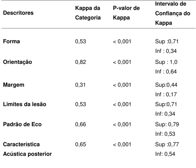 TABELA  5.  Valores  de  Kappa  na  análise  da  variação  entre  os  três  observadores de acordo com os descritores ultrassonográficos 