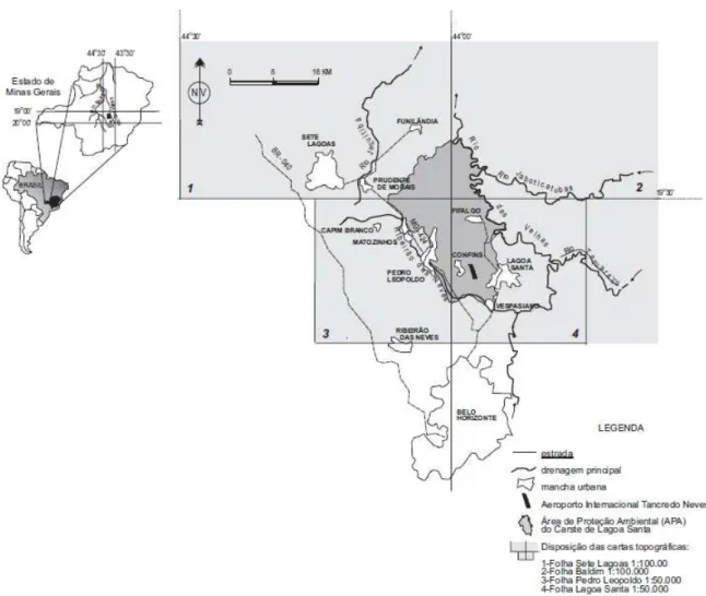 Figura 1: Localização e hidrografia do Carste de Lagoa Santa.  Fonte: Adaptado de Berbert-Born (2000) 