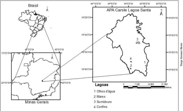Figura 1. Localização das lagoas selecionadas para este estudo na APA Carste de Lagoa  Santa (Minas Gerais, Brasil)