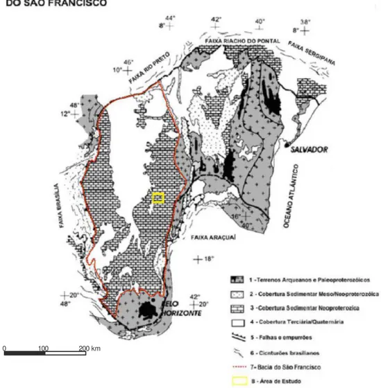 Figura 12: Mapa geológico esquemático do Cráton do São Francisco mostrando os limites da 