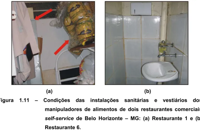 Figura 1.11 – Condições das instalações sanitárias e vestiários dos  manipuladores de alimentos de dois restaurantes comerciais  self-service de Belo Horizonte – MG: (a) Restaurante 1 e (b)  Restaurante 6