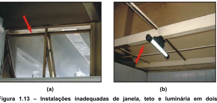 Figura 1.13 – Instalações inadequadas de janela, teto e luminária em dois  restaurantes comerciais self-service de Belo Horizonte – MG: (a)  janela do Restaurante 7 e (b)  teto e luminária do Retaurante 6