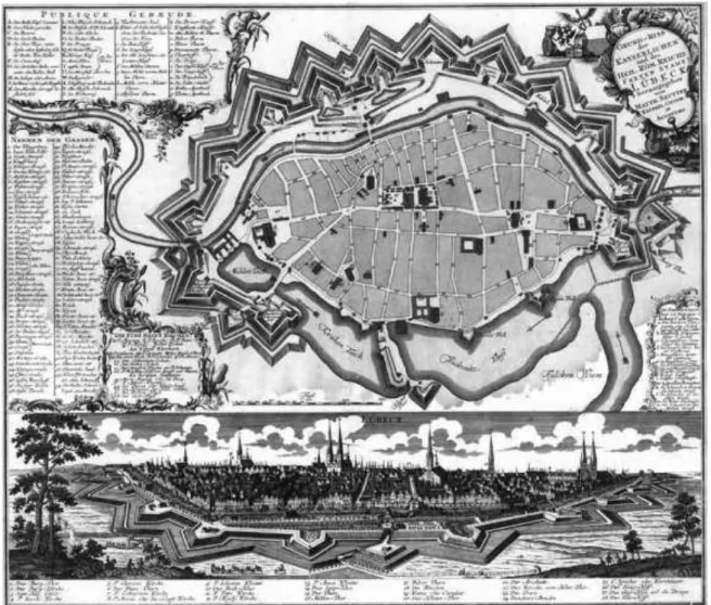 FIGURA  10  -  Lübeck,  Alemanha:  mapa  da  cidade,  fortificações  e  panorama  em  gravura do  final  do  século XVII, 
