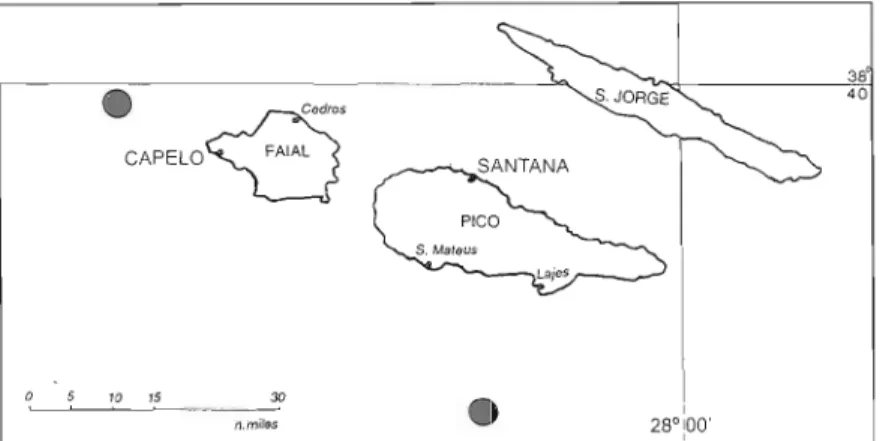 Fig.  1. Sightings of fin whales  ( 0 )   around the  central  islands of  the Azores  made  from  &#34;Song  of  the  Whale&#34;  and  the  positions  of  vigia  stations  for  which data is available